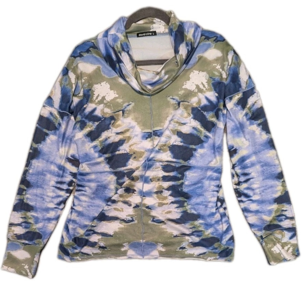 David Cline L Cowl Neck Tunic Top Abstract Tie Dye Long Slv Comfy Cozy Raw Hem‎